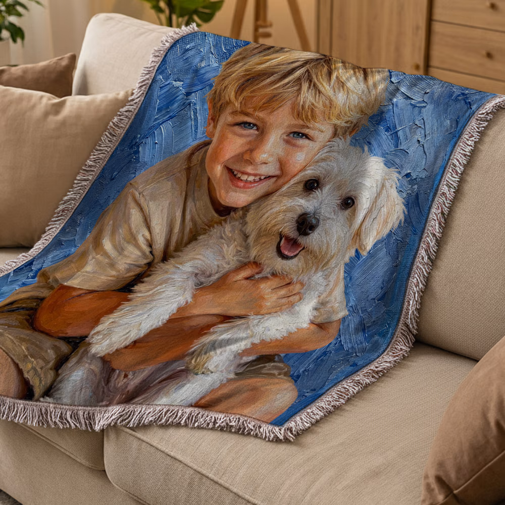 Personalized Pet Oil Painting Photo Tassel Soft Throw Blanket with Name Home Decor Birthday Gift for Pet Lover