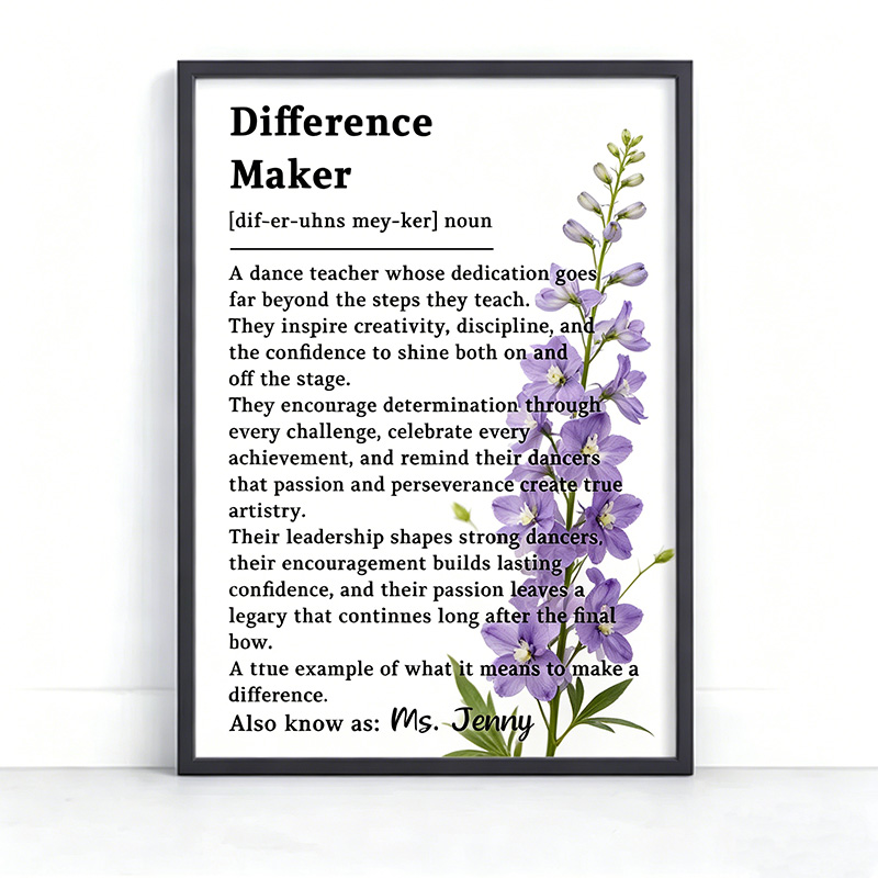 Personalized Birth Flowers Dance Teacher Gift Difference Maker Poster Wall Art Dance Coach Appreciation Dance Competition Team Gifts for Dance Instructor for Dance Studio