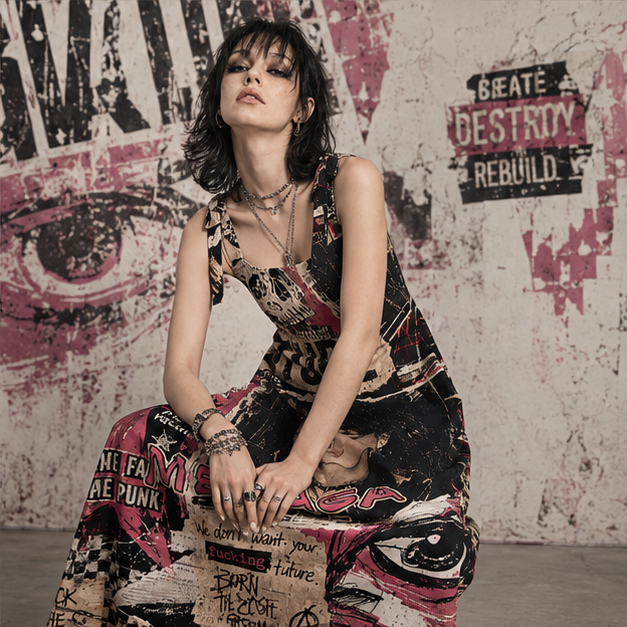 Personalized Grunge Punk Maxi Dress Collage Print Custom Photo and Name Bow Strap Rock Graphic Flowy Dress