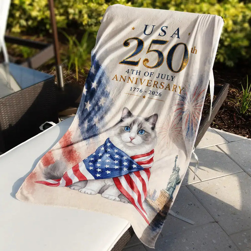 Personalized Beach Towel Custom Photo Watercolor With US Accessories 250th Anniversary Forth Of July 