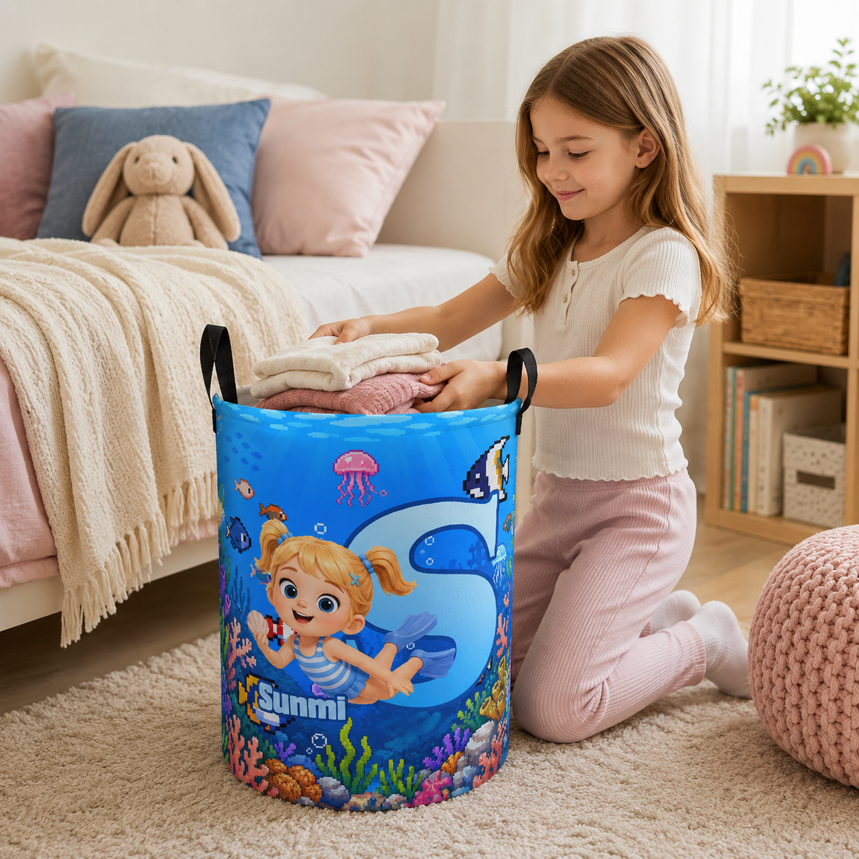 Personalized Kid Initial Laundry Basket Ocean Underwater Scuba Diver Kids Room Storage Bin Toy Clothes Organizer For Nursery Bedroom