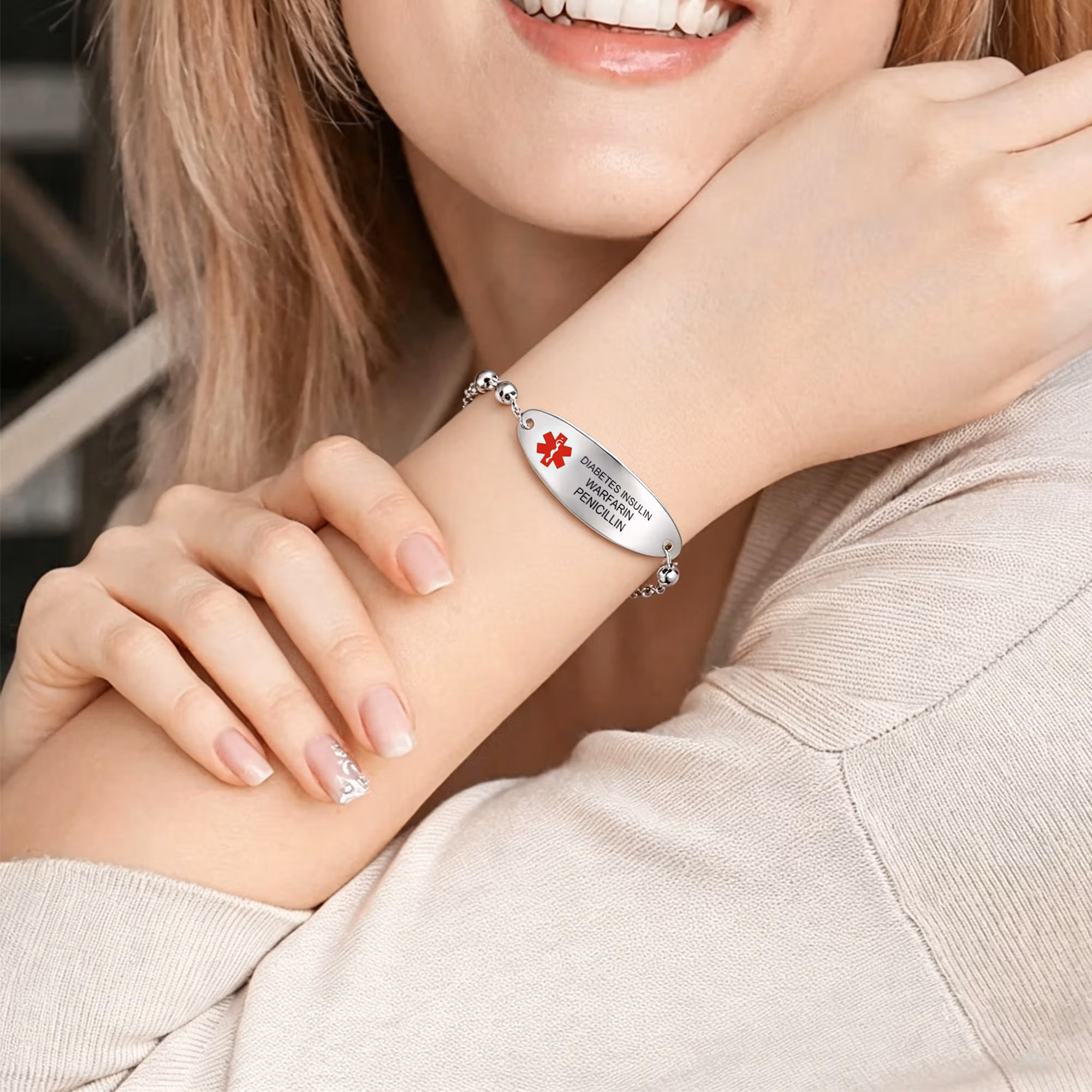 Personalized Engraved Medical Alert Adjustable Bracelet, Stainless Steel Medical ID Emergency Contact Bracelet for Women
