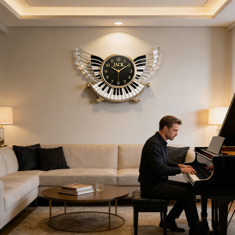 Personalized Piano Wings Themed Wall Clock Unique Custom Name Gift for Pianist Music Lovers for Home and Music Studio