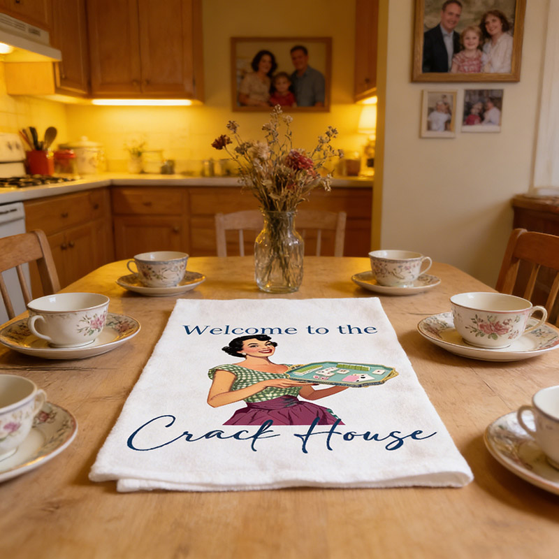 Personalized Mahjong Welcome to the Crack House Tea Towel Custom Photo and Text for Mahjong Lovers for Her