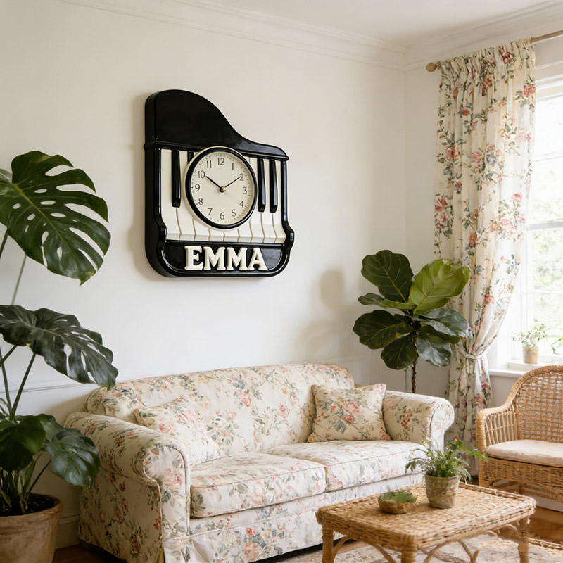 Personalized Piano Music Themed Wall Clock Unique Custom Name Gift for Pianist Music Lovers for Home and Music Studio