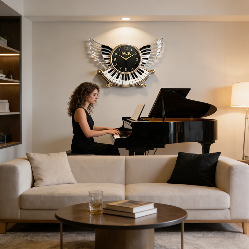 Personalized Piano Wings Themed Wall Clock Unique Custom Name Gift for Pianist Music Lovers for Home and Music Studio