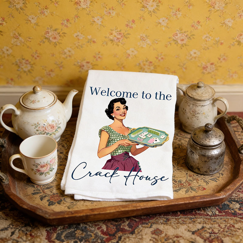 Personalized Mahjong Welcome to the Crack House Tea Towel Custom Photo and Text for Mahjong Lovers for Her