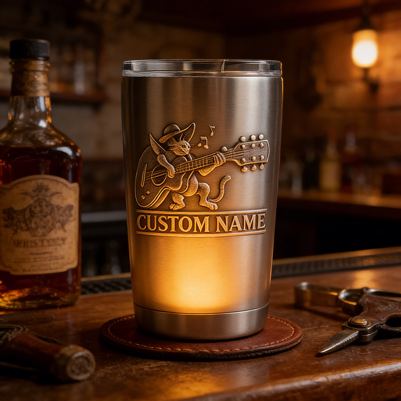 Personalized Furry Animal Playing the Guitar Stainless Steel Tumbler Custom Name Gift for Guitarists Band Members Music Lovers for Performances Birthdays Holiday Parties