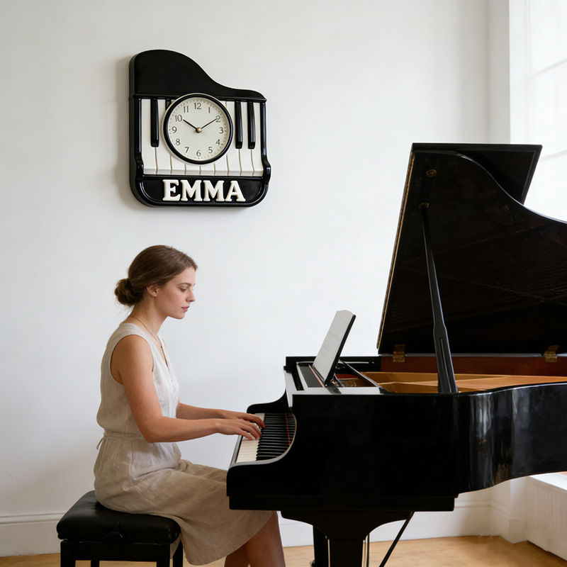Personalized Piano Music Themed Wall Clock Unique Custom Name Gift for Pianist Music Lovers for Home and Music Studio