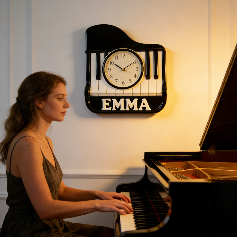 Personalized Piano Music Themed Wall Clock Unique Custom Name Gift for Pianist Music Lovers for Home and Music Studio