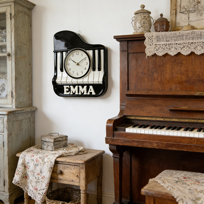 Personalized Piano Music Themed Wall Clock Unique Custom Name Gift for Pianist Music Lovers for Home and Music Studio