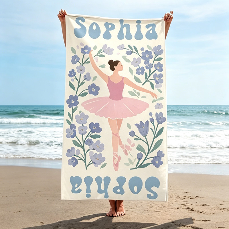 Personalized Multicolor Birth Flower Quick Dry Oversized Beach Towel with Name Summer Vacation Pool Party Gift for Women Dance Lovers Ballet Lovers
