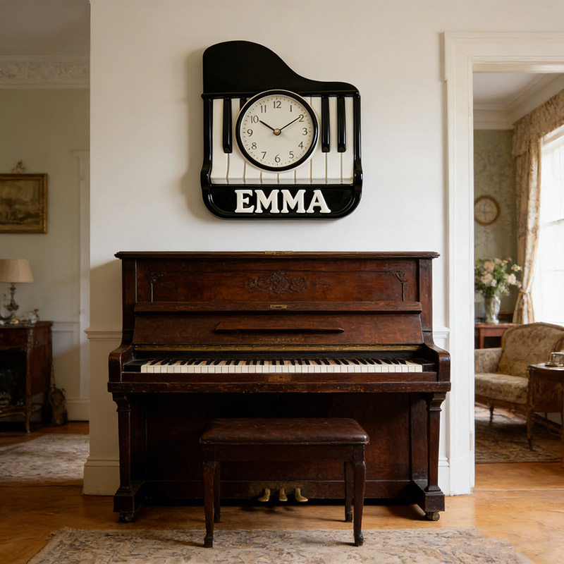 Personalized Piano Music Themed Wall Clock Unique Custom Name Gift for Pianist Music Lovers for Home and Music Studio
