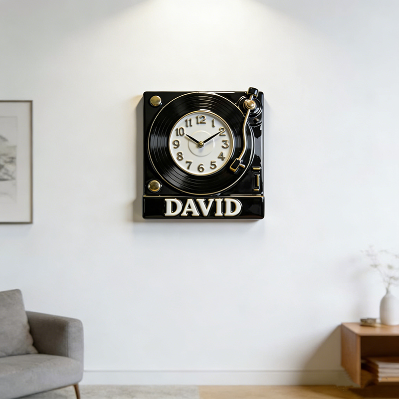 Personalized Vinyl Record Player Themed Wall Clock Unique Custom Name Gift for Music Lovers for Home and Music Studio