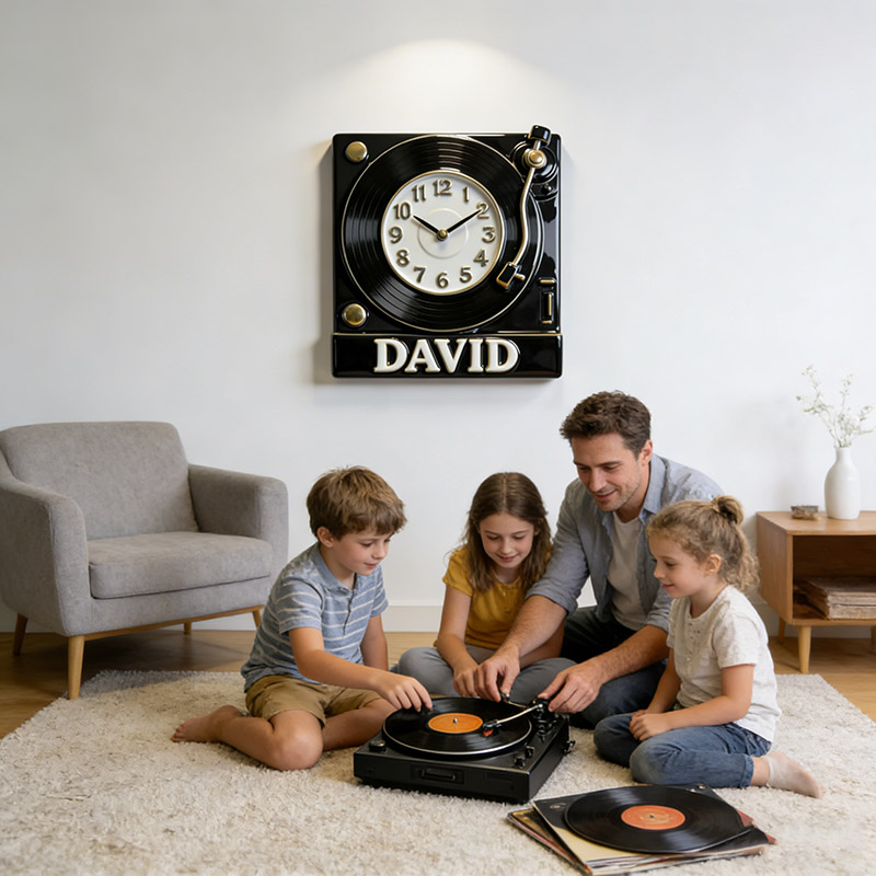 Personalized Vinyl Record Player Themed Wall Clock Unique Custom Name Gift for Music Lovers for Home and Music Studio