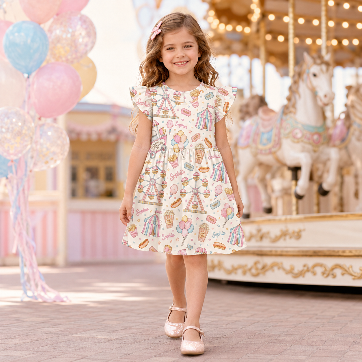 Personalized Pastel Carousel Horses Balloons Bows Fairytale Princess Theme Birthday Party Twirl Coquette Ruffle Dress