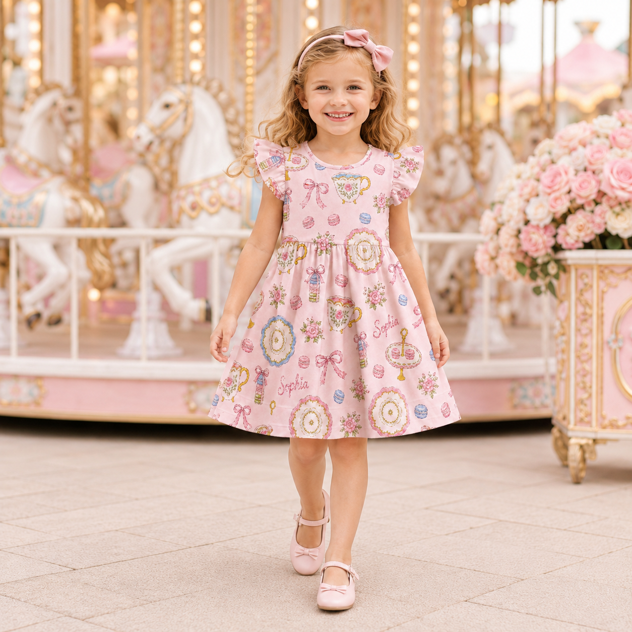 Personalized Princess Tea Party Teapots Cupcakes Crowns Castles Pink Pastel Fairytale Birthday Twirl Coquette Ruffle Dress
