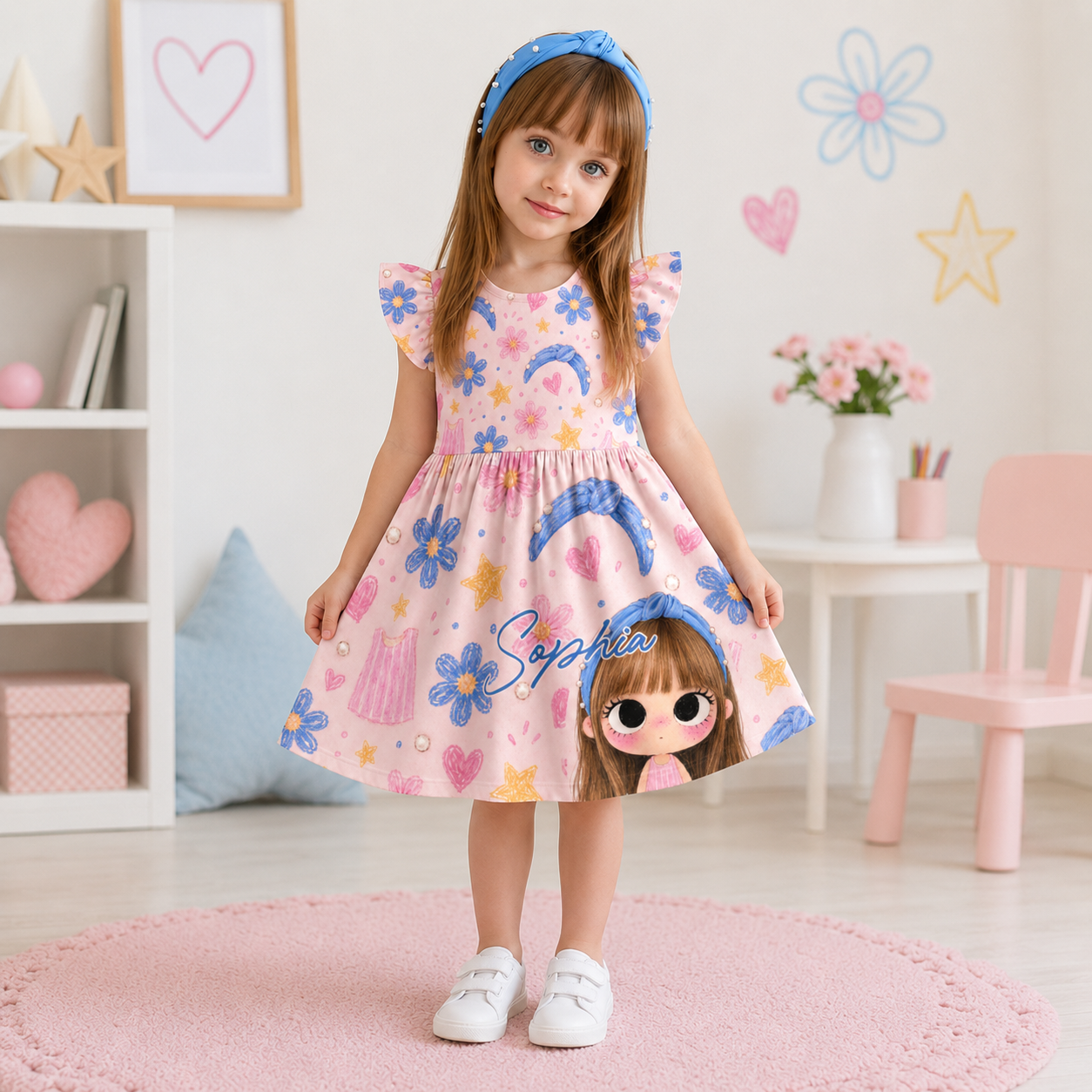 Personalized Custom Photo Cartoon Portrait Stars Hearts Rainbow Pastel Birthday Party Twirl Coquette Ruffle Dress