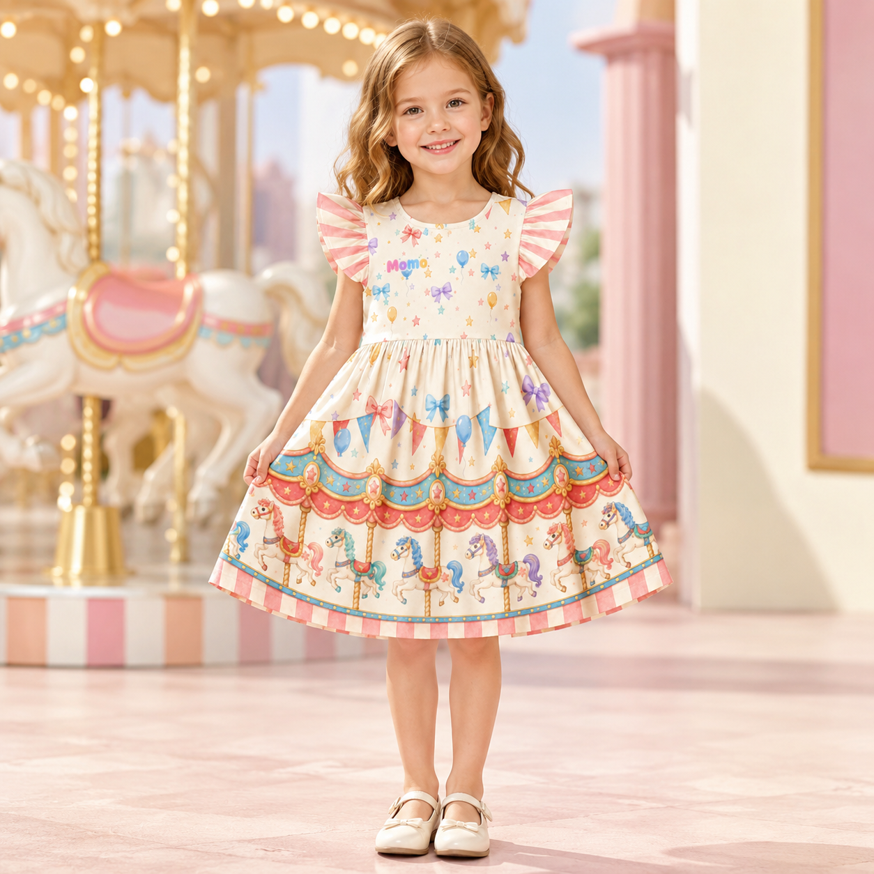 Personalized Pastel Carousel Horses Bows Hearts Stars Princess Fairytale Birthday Party Coquette Ruffle Dress