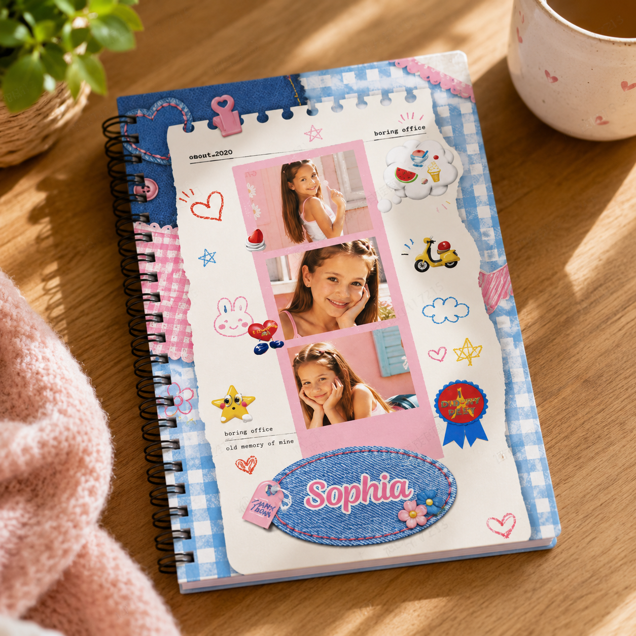 Personalized Cute Kids Photo Collage Fun Doodle Style Cartoon Icons School Memory Journal Gift Spiral Notebook