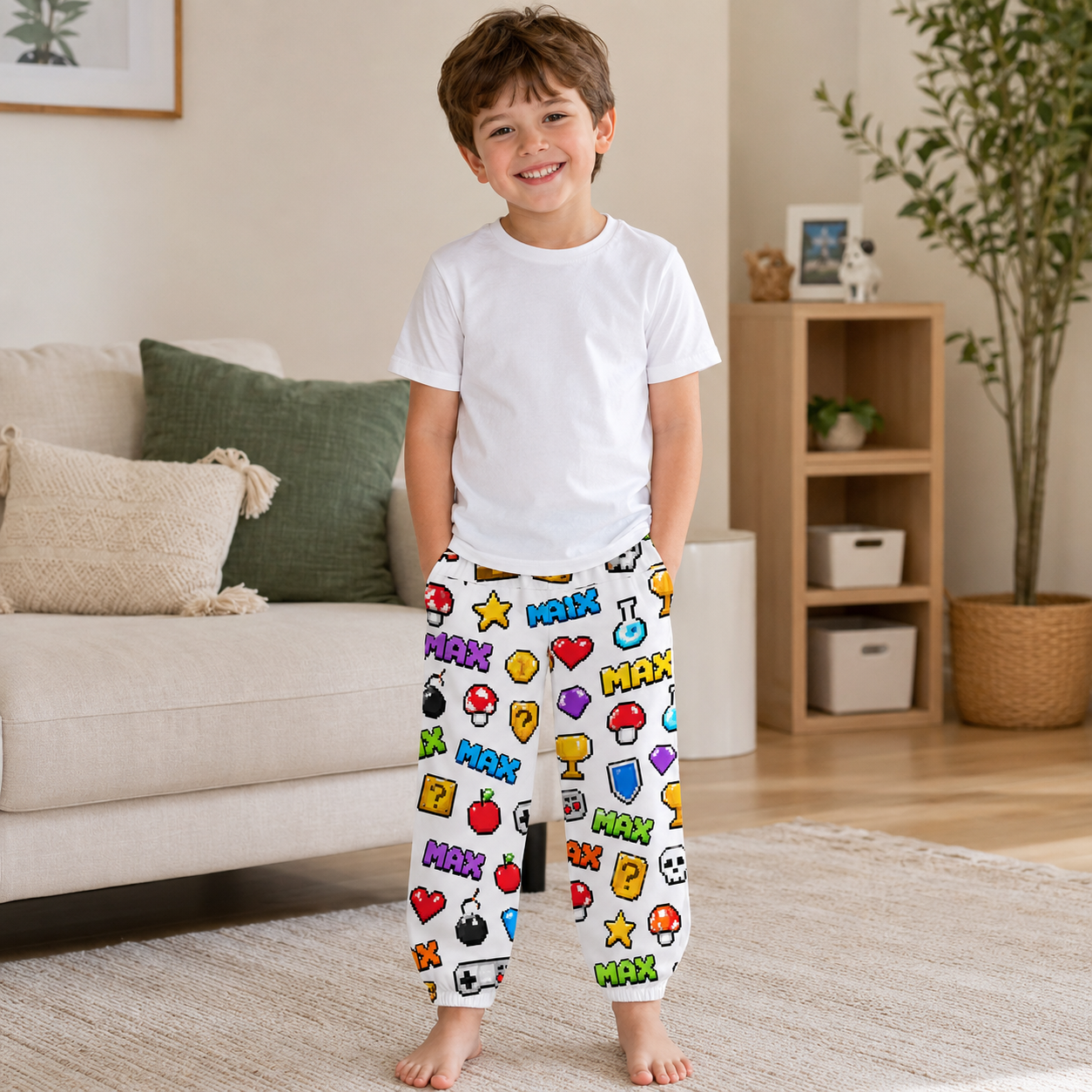 Personalized Colorful Cartoon Smiley Face Fun Elastic Waist Toddler Kids Casual Lounge Sweatpants Design