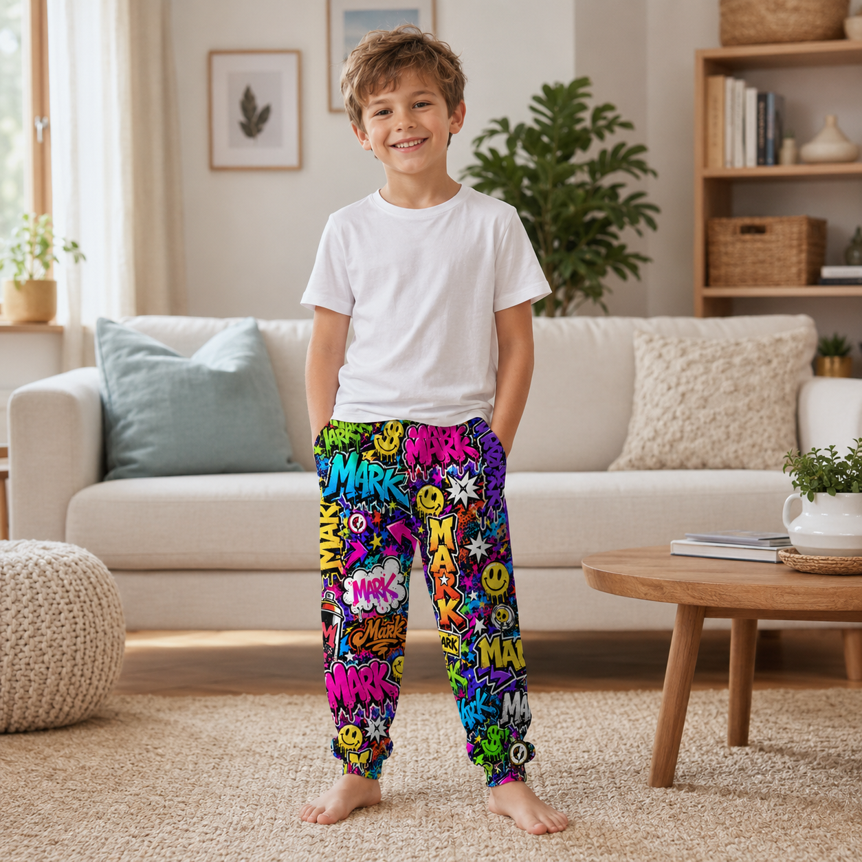 Personalized Custom Name Colorful Graffiti Street Art Neon Smile Pattern Boys Elastic Waist Kids Jogger Sweatpants Design