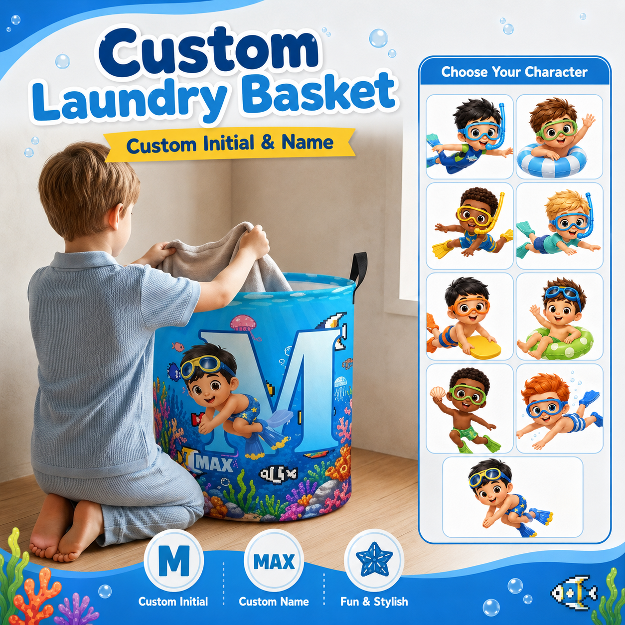 Personalized Kid Initial Laundry Basket Ocean Underwater Scuba Diver Kids Room Storage Bin Toy Clothes Organizer For Nursery Bedroom