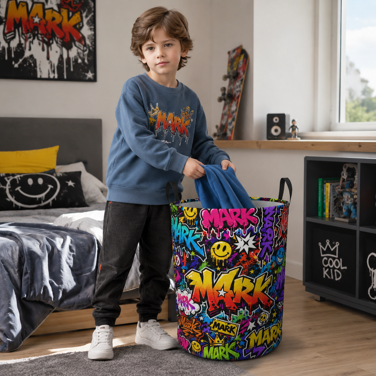 Personalized Graffiti Name Laundry Basket Teen Room Storage Bin Colorful Street Art Smiley Cool Kid Clothes Toy Organizer