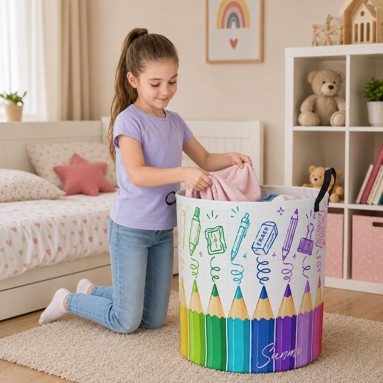 Personalized Rainbow Pencil Laundry Basket Kids Room Storage Bin Colorful Crayon School Supplies Name Toy Clothes Organizer