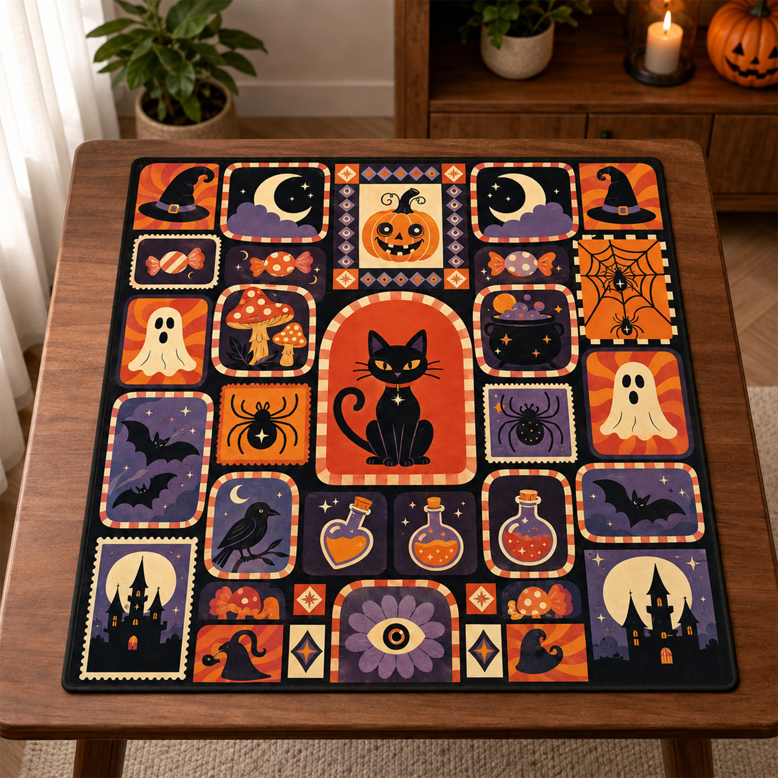 Retro Halloween Patchwork Mahjong Mat Vintage Black Cat & Spooky Icon Grid Design Square Game Table Pad for Mahjong & Cards
