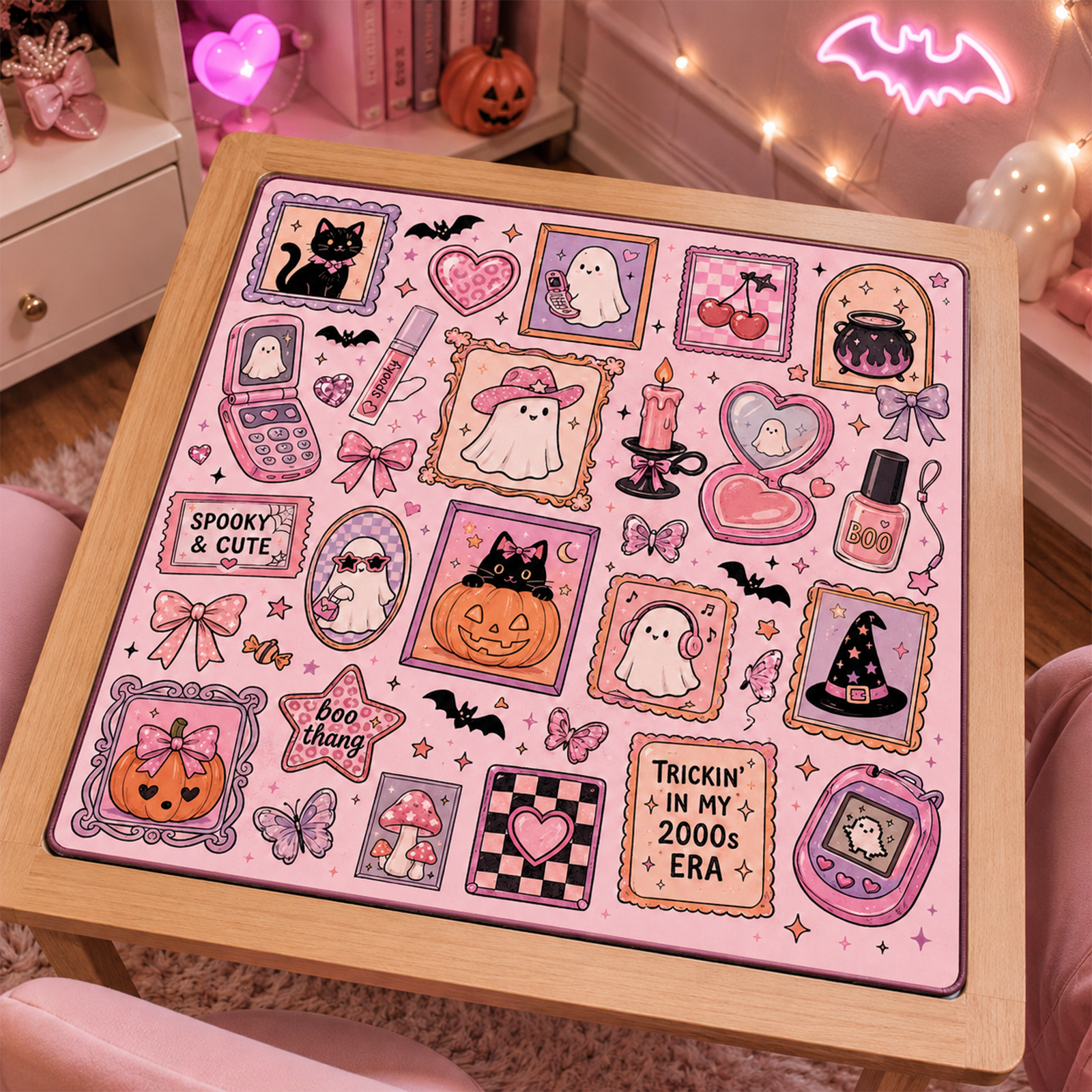Pink Y2K Halloween Mahjong Mat Spooky & Cute" 2000s Retro Ghost & Black Cat Sticker Collage Square Game Table Pad