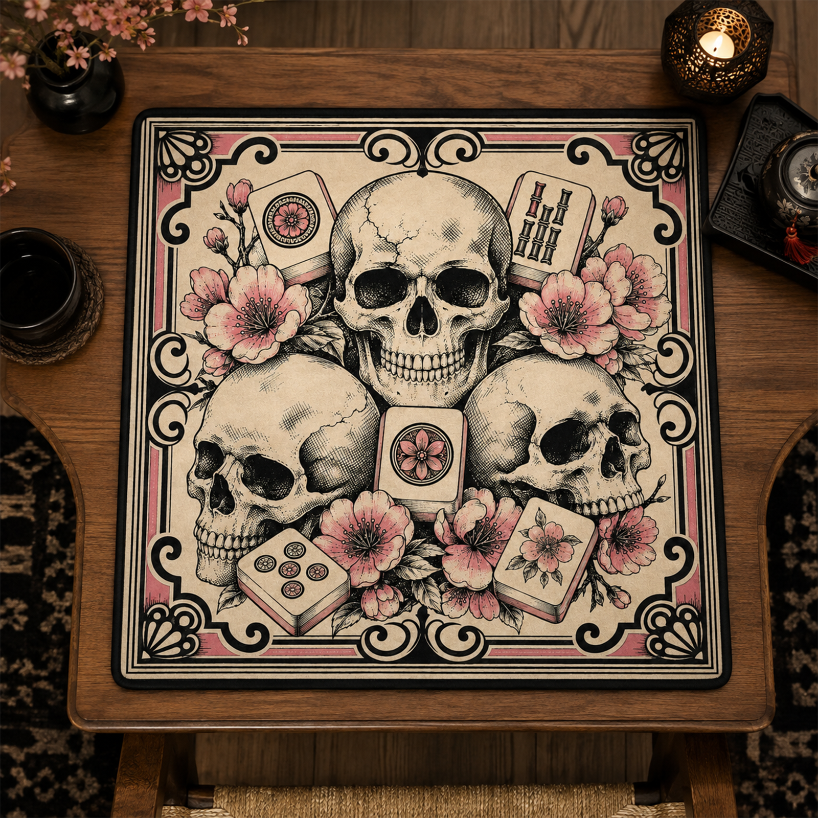 Skull & Mahjong Tile Mahjong Mat Gothic Engraving Style with Cherry Blossoms Dark Floral Square Game Table Pad