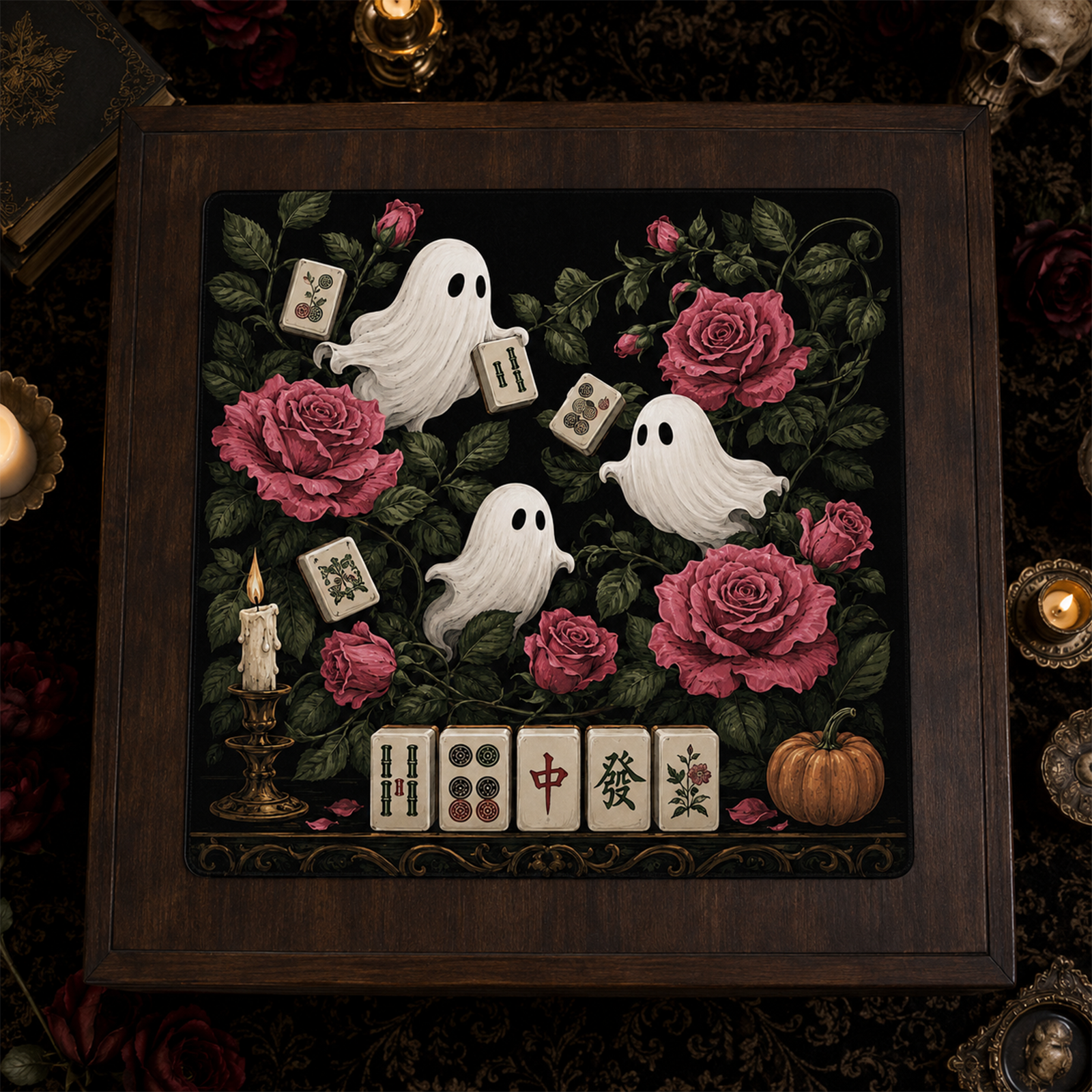 Gothic Ghost & Roses Mahjong Mat Dark Floral Halloween Design with Mahjong Tiles & Spirits Square Game Table Pad