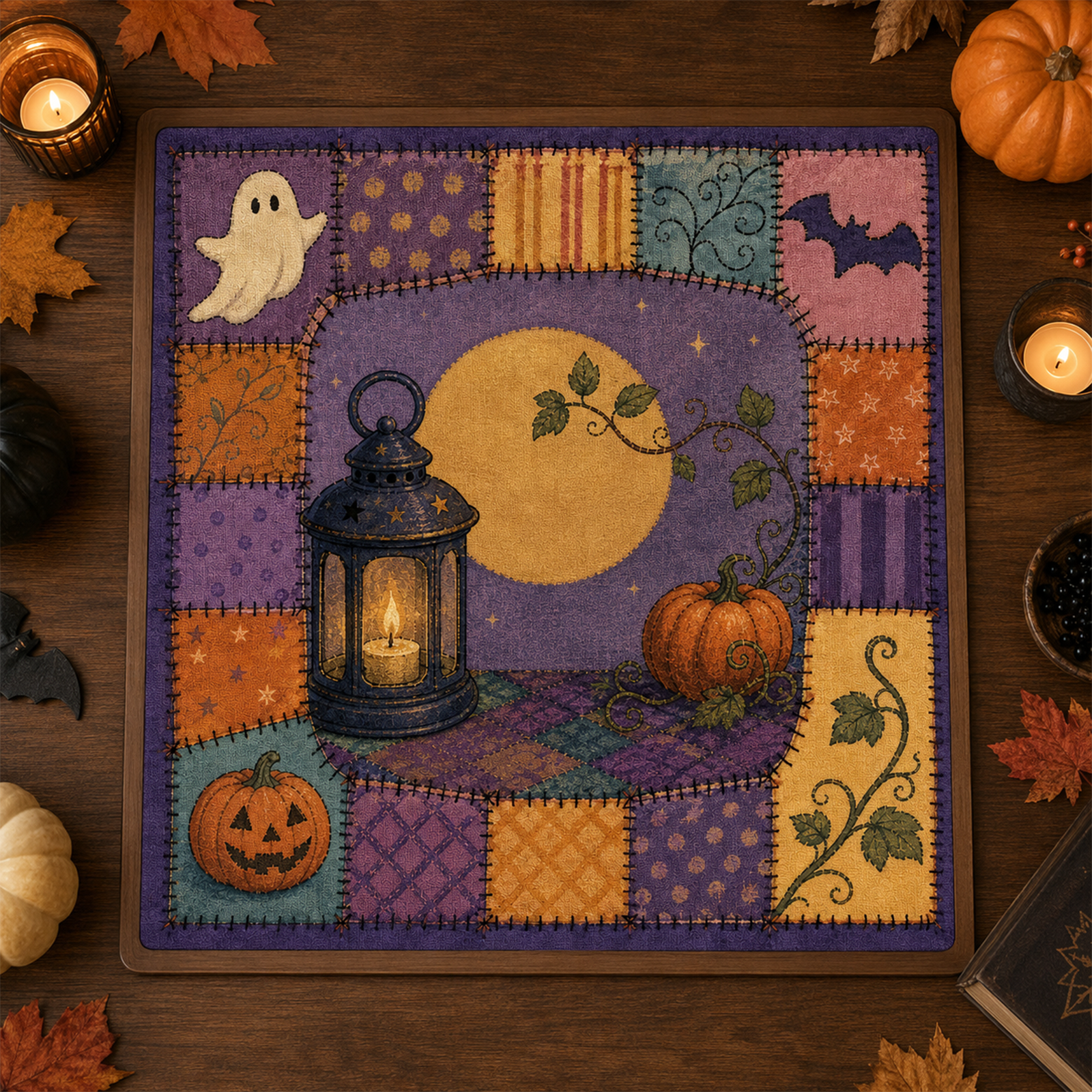 Halloween Patchwork Quilt Mahjong Mat Cozy Folk Art Design with Mahjong Tiles Lantern & Moonlight Square Game Table Pad