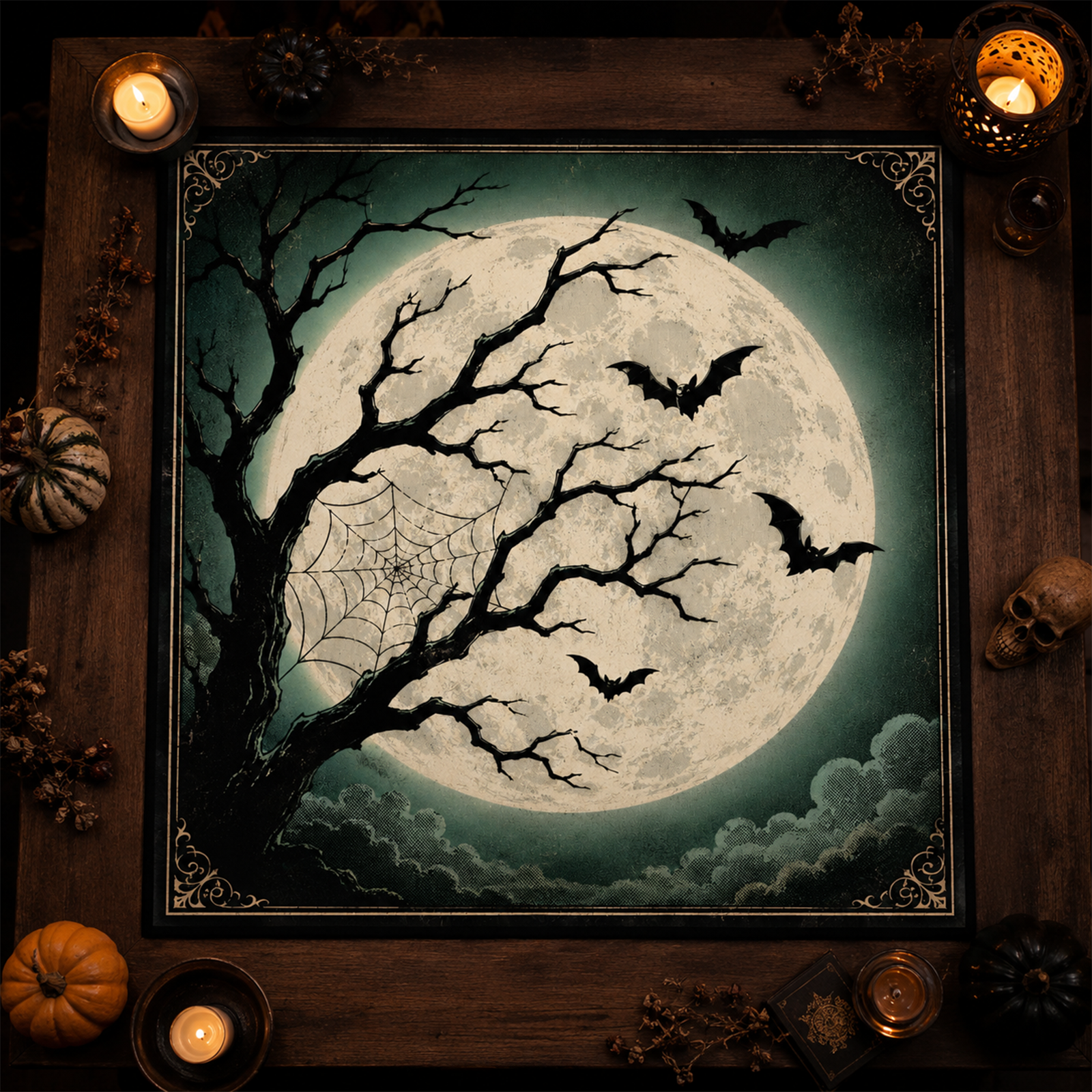 Full Moon & Bats Mahjong Mat Vintage Gothic Halloween Night Design with Dead Tree & Spiderweb Dark Art Square Game Table Pad