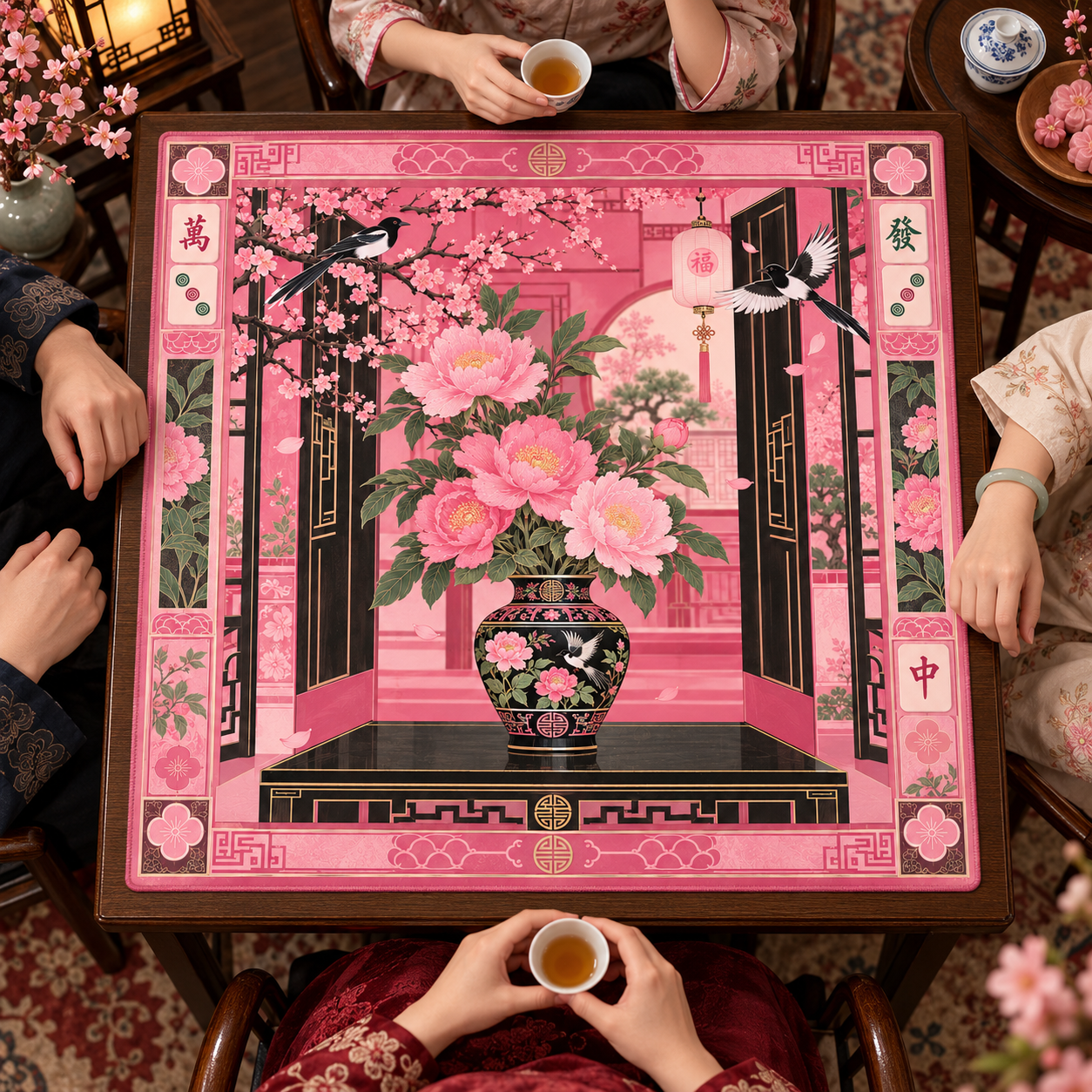 Pink Peony Mahjong Mat Oriental Blossom Edition