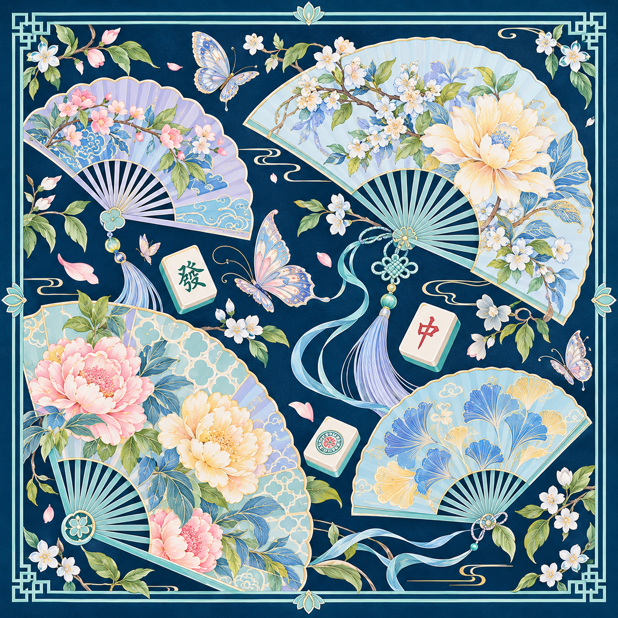 New Chinese Style Floral Shadow Folding Fan Mahjong Mat