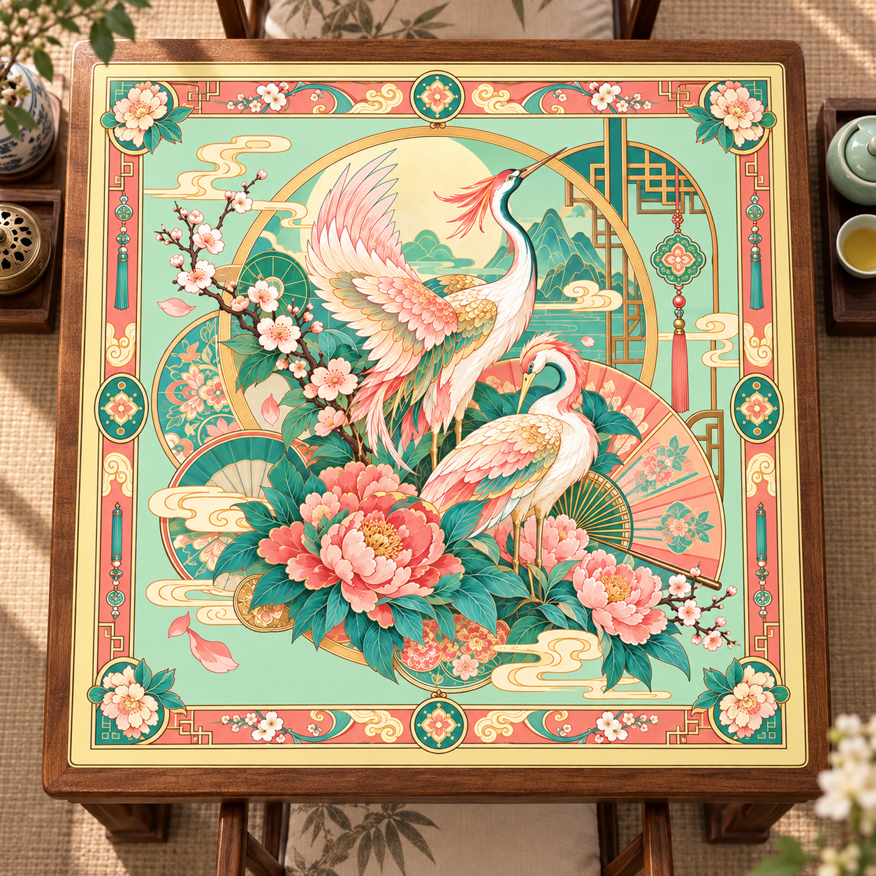 Traditional Style Crane and Peony Mahjong Mat