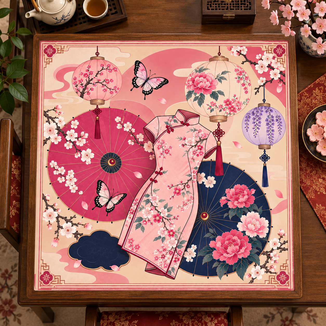 Cherry Blossom & Japanese Style Qipao Mahjong Mat