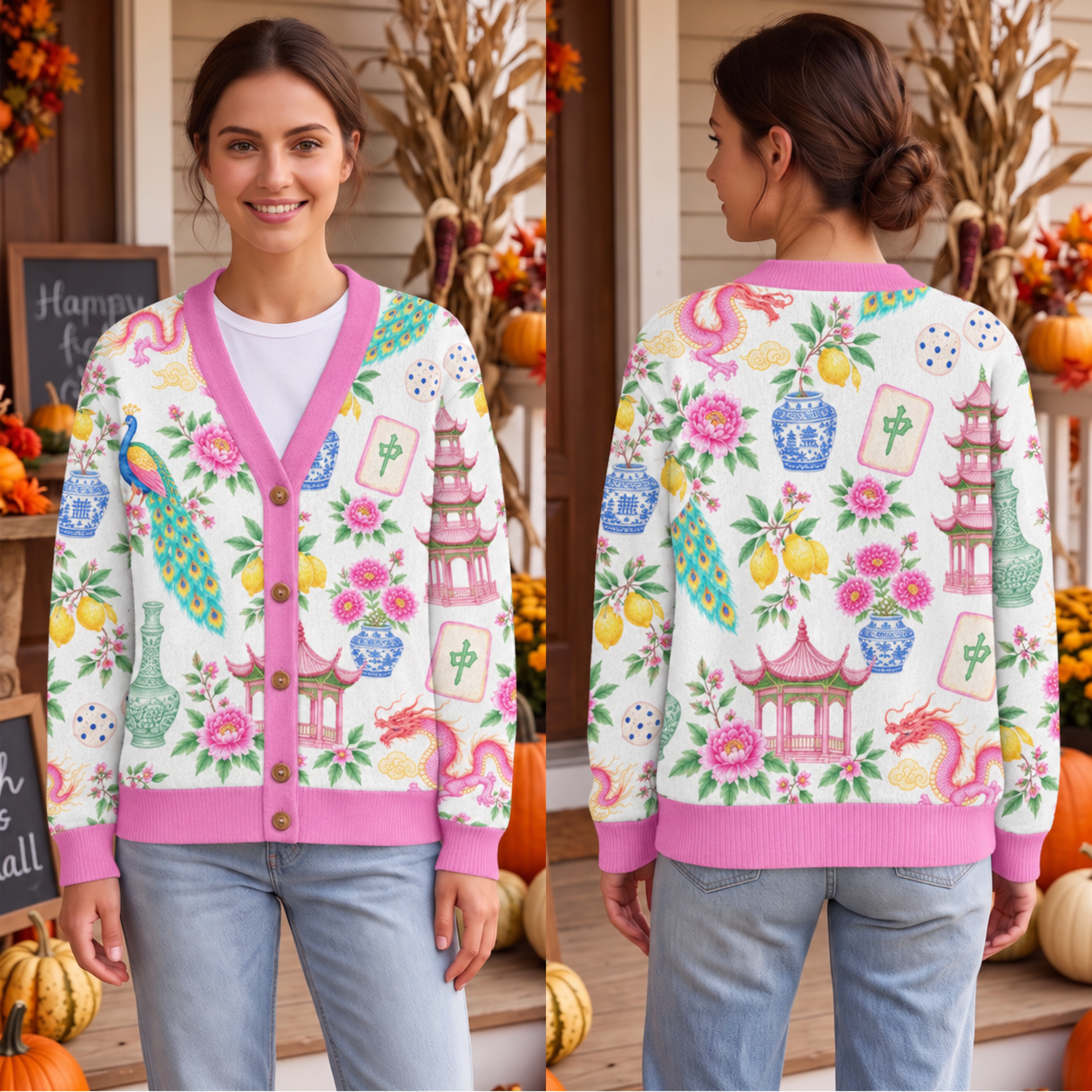 Retro Mahjong Cardigan Wool Sweater, Chinoiserie Tile Pattern Knitwear, Asian Art Game Night Outfit, Aesthetic Pink Mahjong Lover Gift