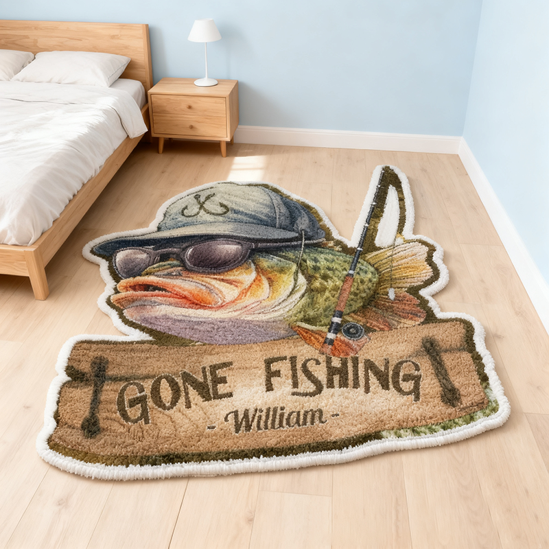 Personalized Gone Fishing Rug Custom Name Fish-Shaped Carpet for Kids Room or Fishing Lovers Graphic 3D Print Funny and Unique Home Decor Gift 