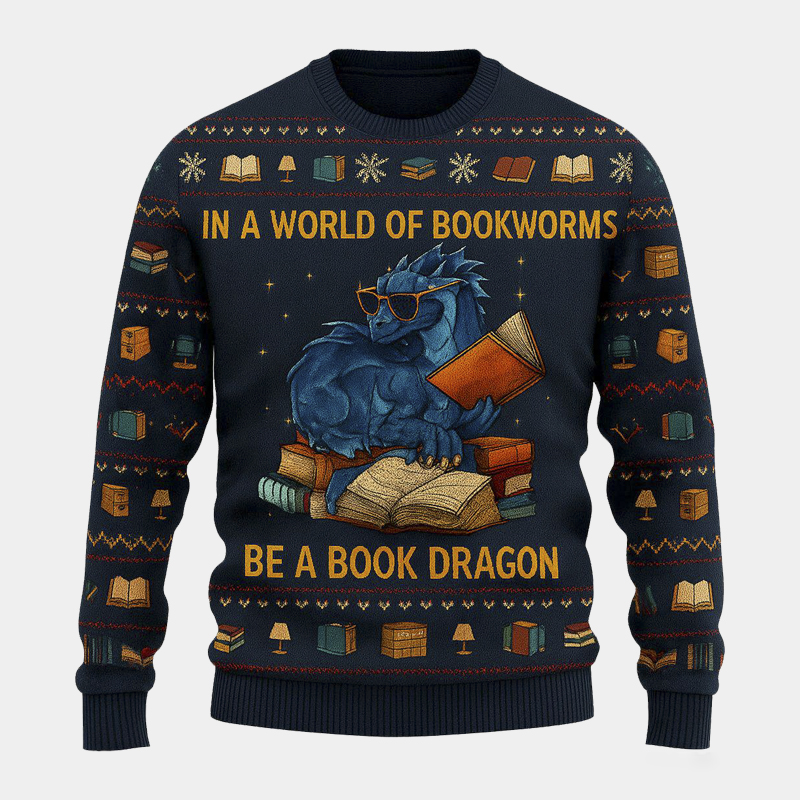 Personalized Funny Dinosaur Reading Ugly Christmas Sweater Gift for Book Lovers 