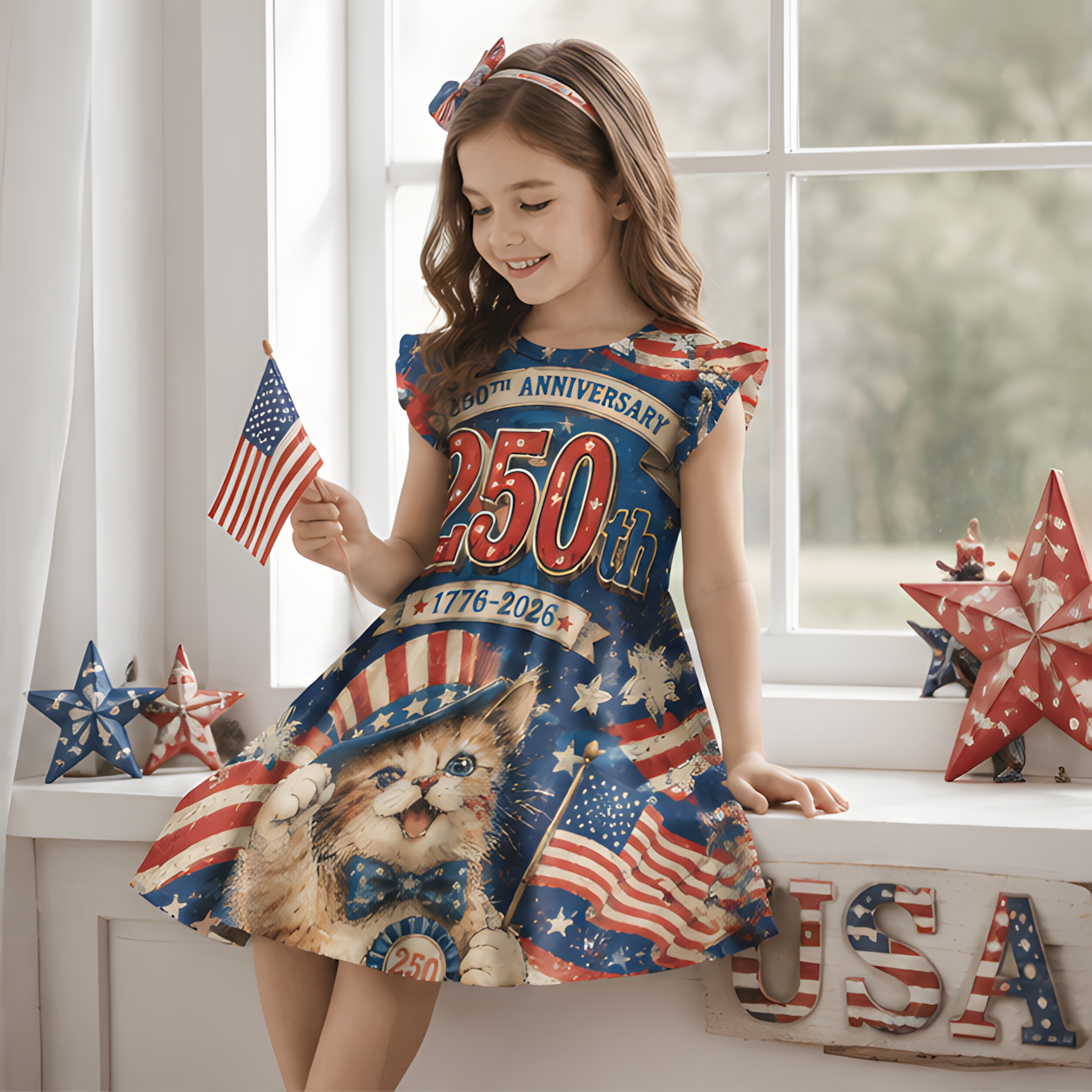 Personalized USA 250th Anniversary Eagle Flag Stars Vintage Patriotic Celebration Independence Day Coquette Ruffle Dress