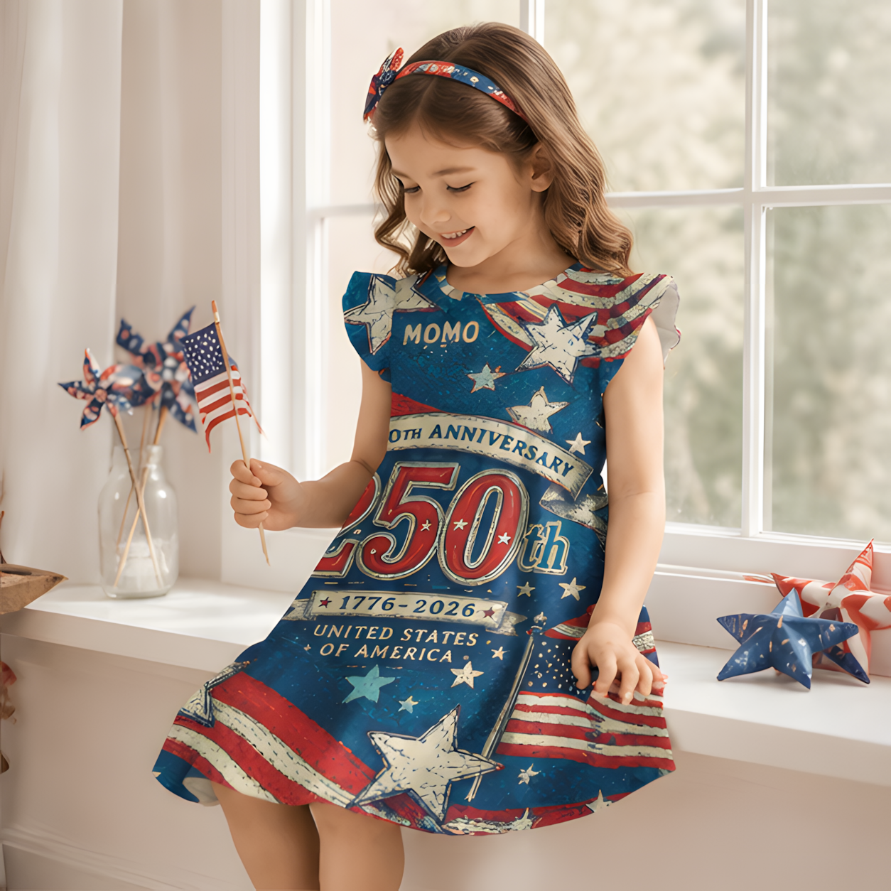 Personalized America 250 Years Bold Number Stars Stripes Fireworks Vintage Patriotic Independence Day Coquette Ruffle Dress