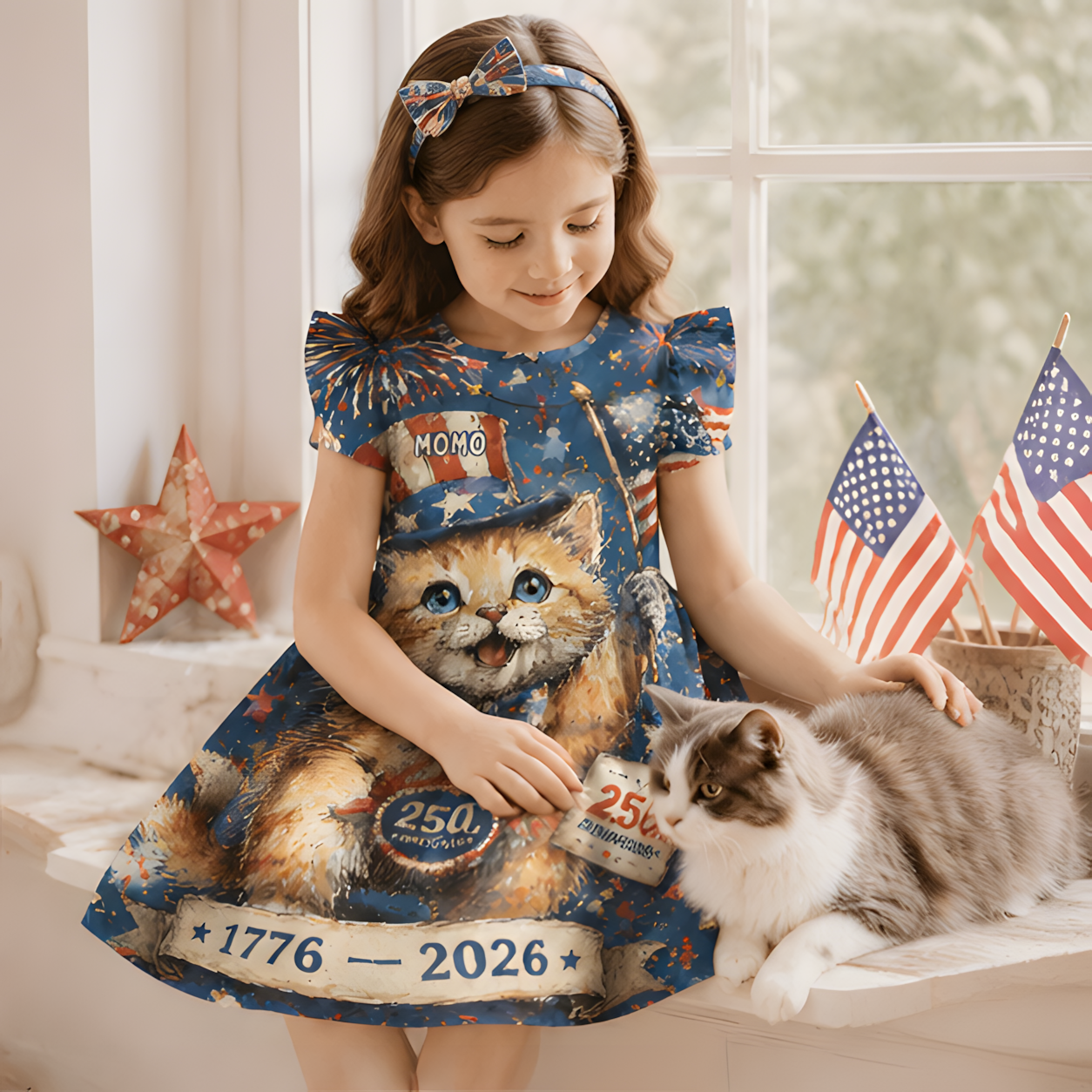 Personalized Custom Pet Photo America 250 Years Cat Dog Lover Patriotic 1776 2026 Independence Day Coquette Ruffle Dress