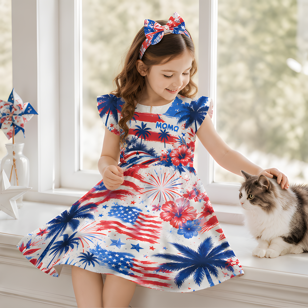 Personalized Red White And Blue Fireworks Stars Stripes Tie Dye Patriotic Fourth Of July Independence Coquette Ruffle Dress