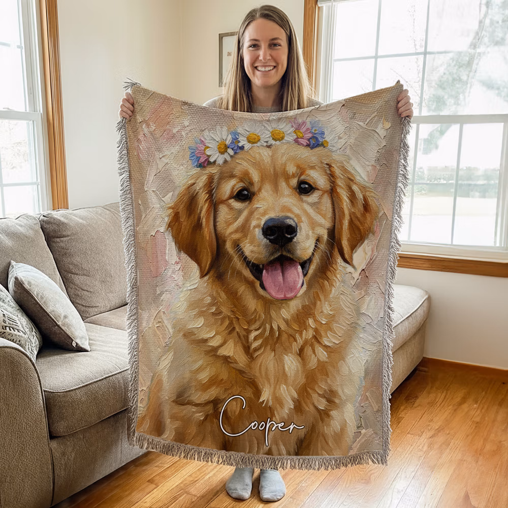 Personalized Pet Oil Painting Photo Tassel Soft Throw Blanket with Name Home Decor Birthday Gift for Pet Lover