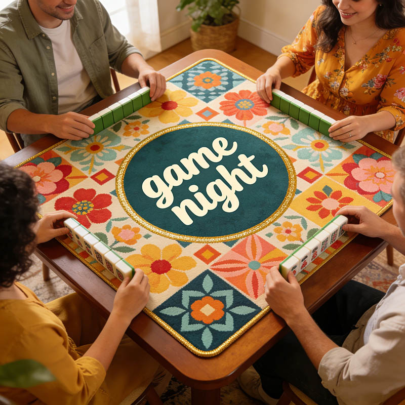 Personalized Retro Patchwork Game Night Mahjong Mat Game Mat Custom Text Gift Neoprene Game Surface Travel Portable Playing for Game Night Holiday