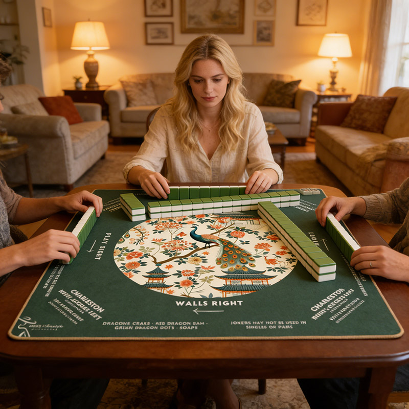 Personalized Luxurious Green Peacock Mahjong Mat Custom Style Mahjong Mat Neoprene Game Surface Travel Portable Playing for Game Night