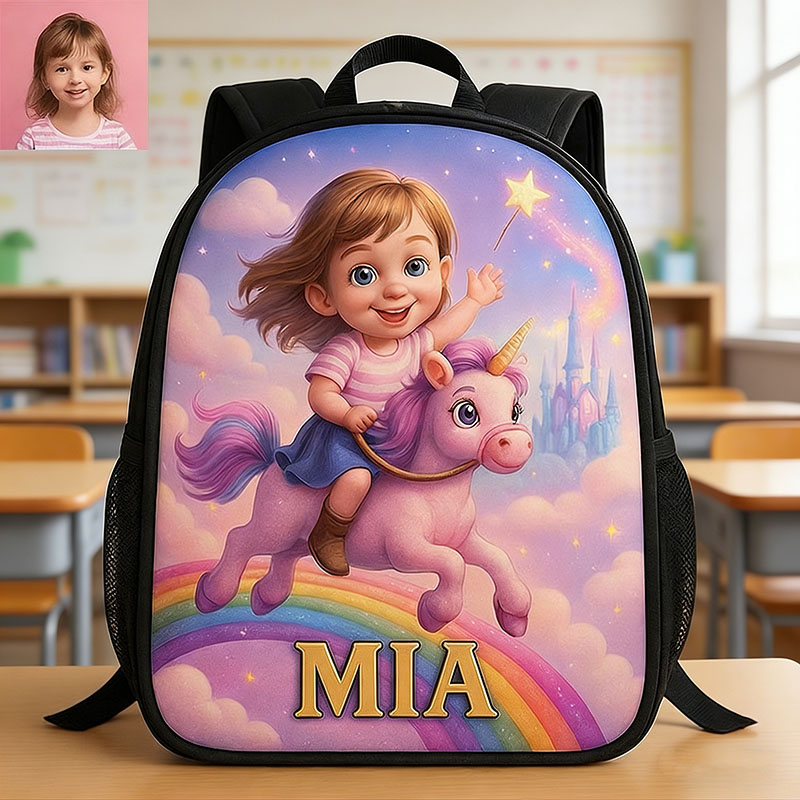 Personalized Magic Rainbow Girl Cartoon-Themed Schoolbag Custom Photo and Name for Kids Magic Lovers Birthday Black to School Christmas Gift